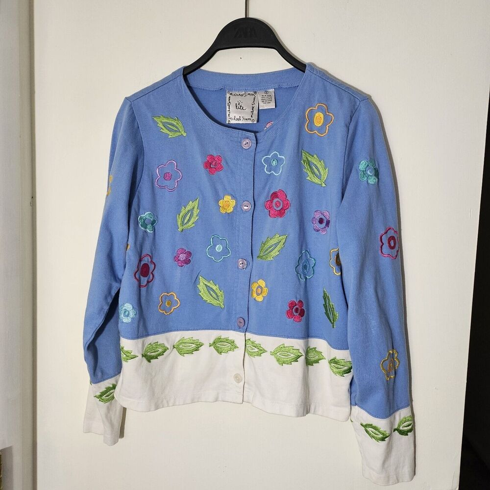 VTG Michael Simon Lite Sz Small Blue Flower Leaf Cardigan, Cotton Embroidered